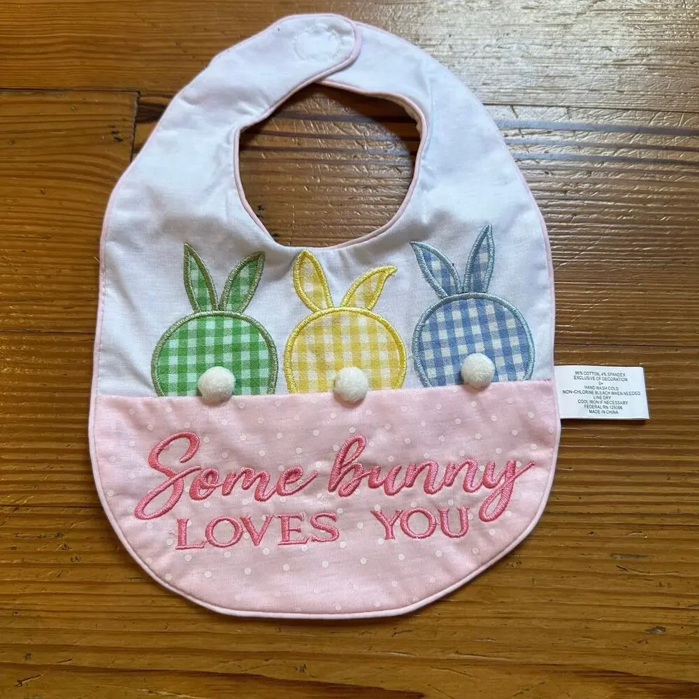Bunny‎ spring white pink checkered embroidered bib